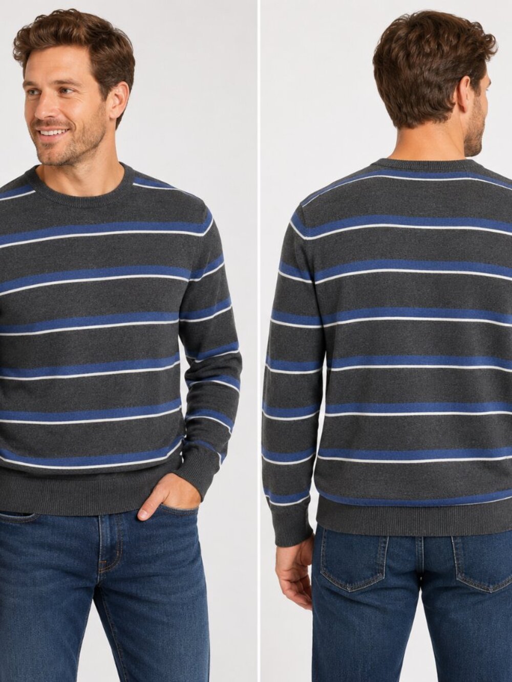 Denver Hayes Men’s XL Gray Blue Striped Crewneck Sweater 100% Cotton